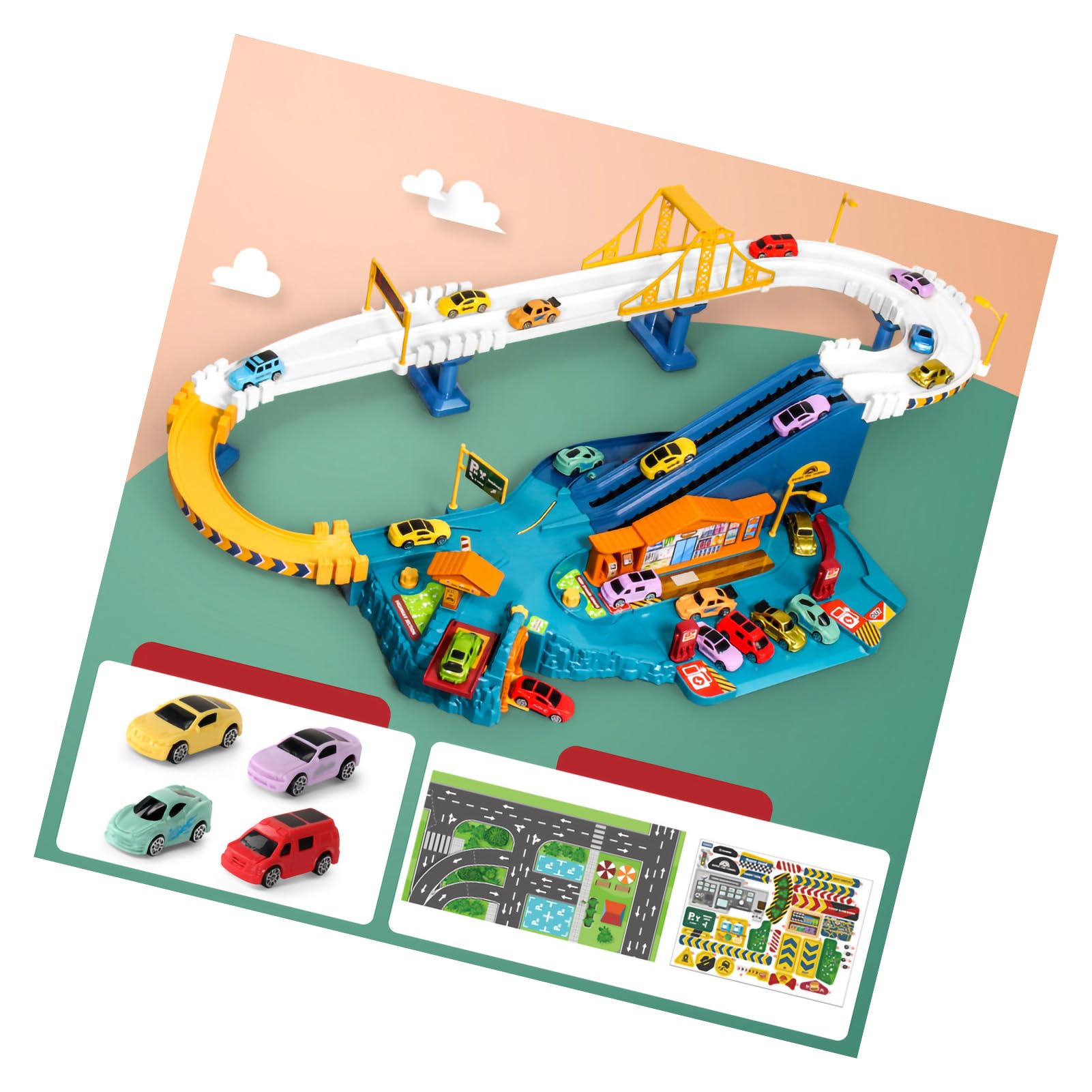 Rieles de Coche de Juguete, Pista de Aventura Flexible para Niños Pequeños, Juego de Vehículos Eléctricos, Regalo (Caja de Color de autopista (estándar para 4)