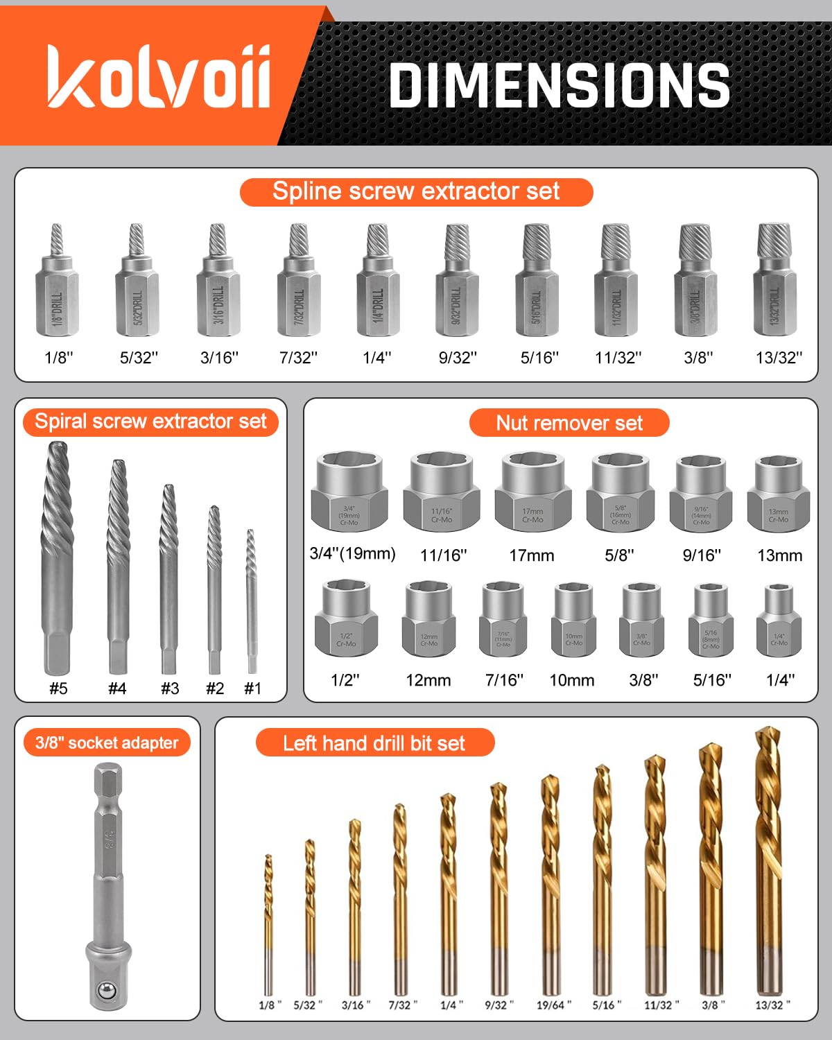 Kolvoii Bolt Extractor Kit, 39 Pieces Easy Out Screw Extractor Set, Left Hand Drill Bit Set, Multi-Spline Extractors, for Removing Damaged, Stripped, Broken, Rusted, Rounded-Off Bolts and Screws