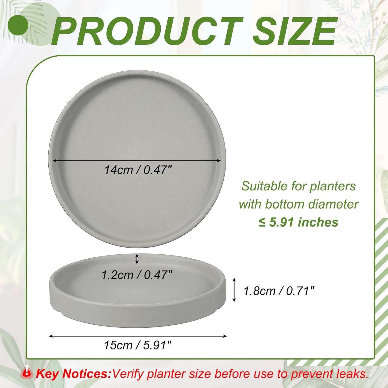 5.5 Inch Ceramic Plant Saucers, Round Flower Planter Water Trays Ceramic Plant Saucer Pot Tray -Fitting for (Outdoor/Indoors/Garden/Planting/Water/Flower/Coffee) Light Gray