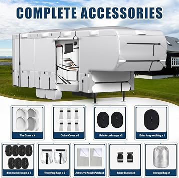 Mofeez 5th Wheel RV Cover 29-33ft, 420D Oxford Fabric Fifth Wheel Cover, Rip-Stop Anti-UV Waterproof Windproof Camper Cover with 3Pcs Extra Straps, 6 Gutter Covers & 4 Tire Covers