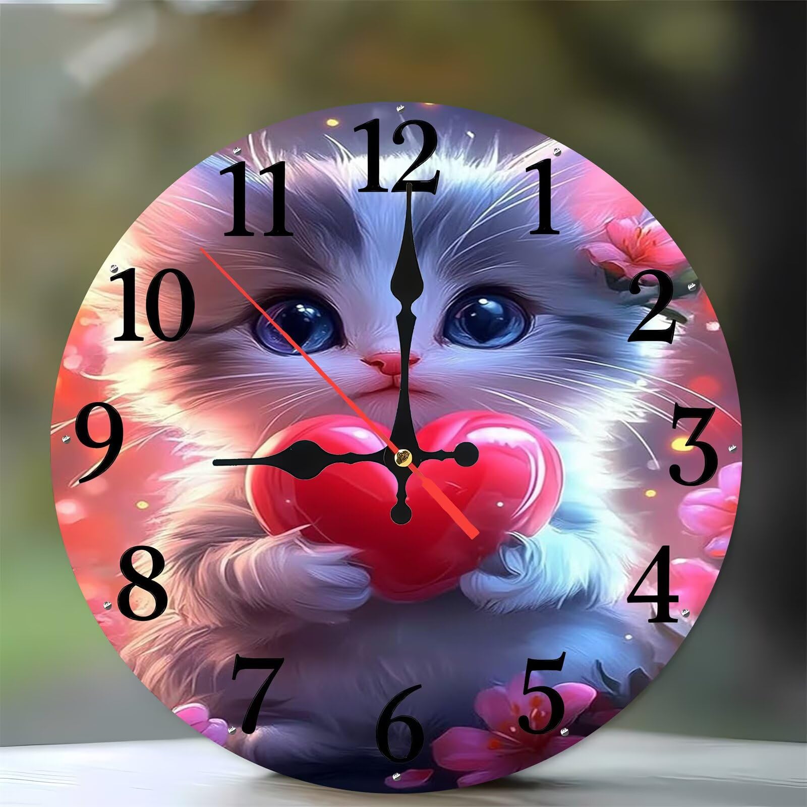 Horloge murale en bois chat 35 cm avec cœur rouge pour salon