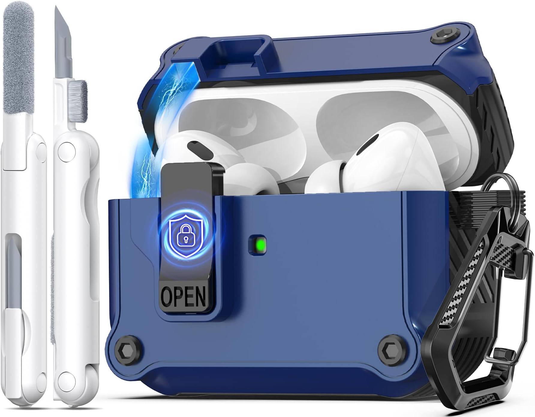 R-fun Compatible with AirPods Pro 2nd Generation 2023(USB-C),2022(Lightning Cable),1st Gen 2019 Charging Case, Full Drop Protection Auto Pop-Up Lid Design with Cleaner Kit,Blue
