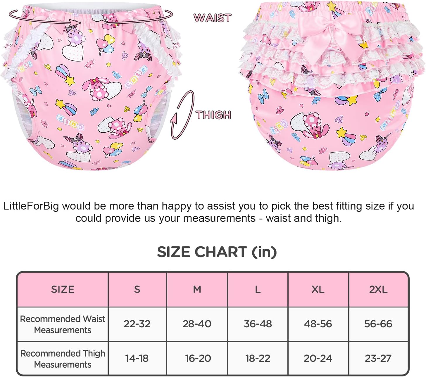 LittleForBig Silky Washable Reusable Waterproof Ruffled Lace Bow Baby Usagi & Bella Pattern Ruffle Adult Diaper Cover XL - Image 5