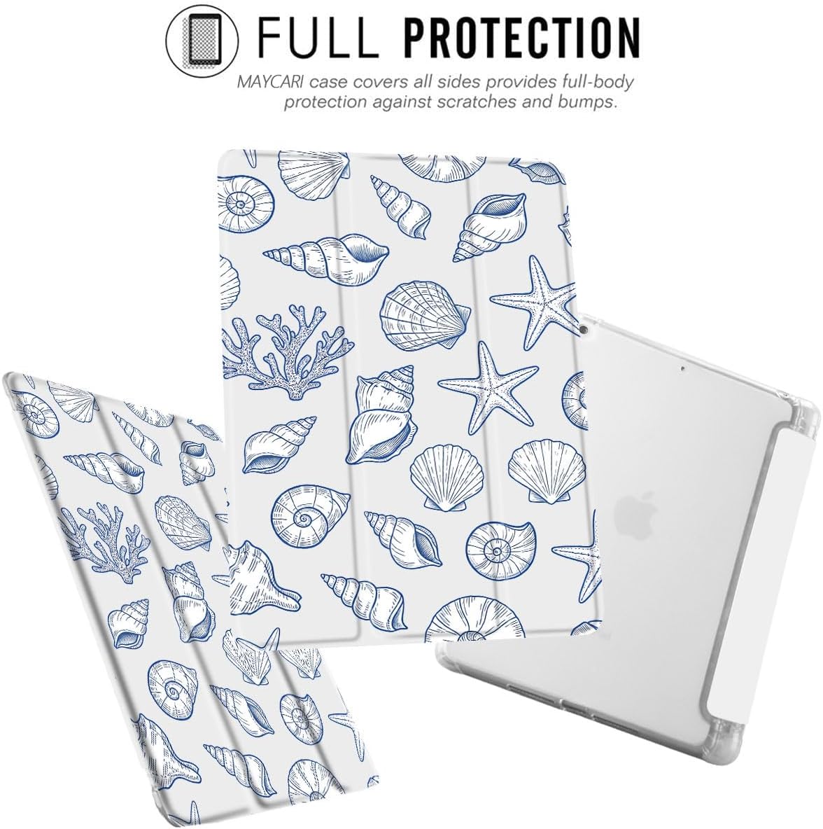 MAYCARI Slim Case for iPad A16 11 inch 2025 with Pencil Holder, Original Ocean Marine Coral Conch Shells Soft TPU Back Protective Cover Shell for iPad 10th Generation, Auto Sleep/Wake Slim Shell