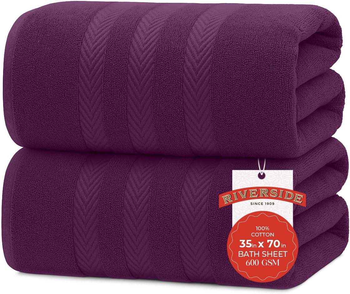 RIVERSIDE Pack of 2 Extra Large Bath Sheets 35 x 70 Inches - 100% Cotton Hotel Quality Oversized Bath Towels, Super Soft, Quick Dry & Highly Absorbent - Purple Passion