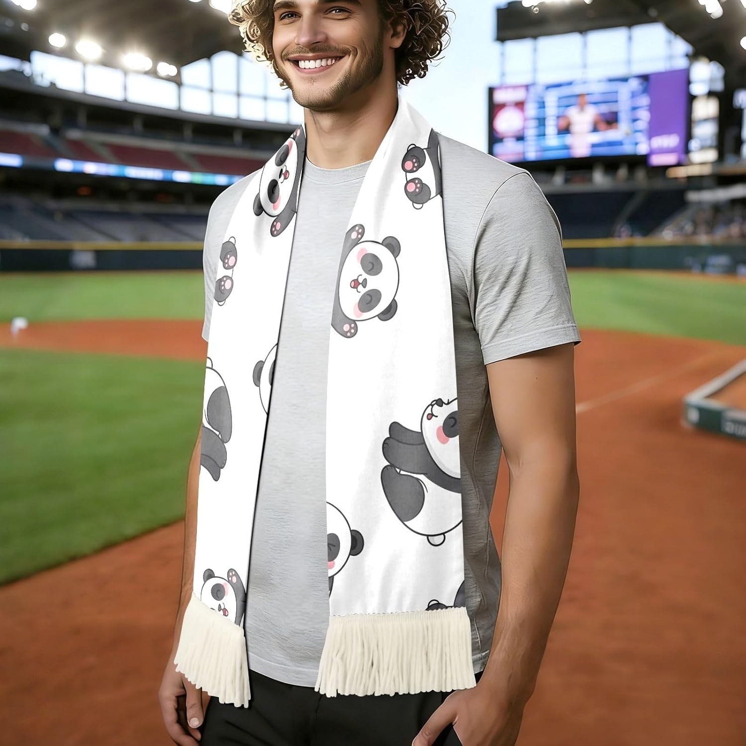 CHIFIGNO Cute Cartoon Panda White Sports Fan Scarf Towel, Soft Absorbent Polyester Cheering Wrap for Soccer Games, Quick Dry Rally Towel