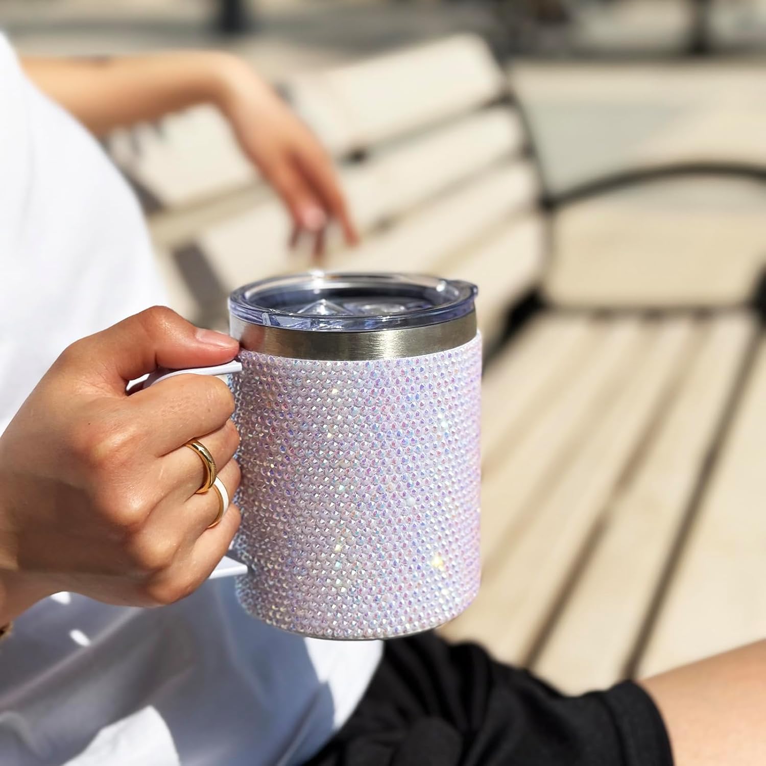 12oz Bling Travel Coffee Mug with Handle and Lid Rhinestone Insulated Coffee Mug Stainless Steel Vacuum Reusable Glitter Coffee Tumbler Thermal Cup for Home and Office (Pearl) - Image 7