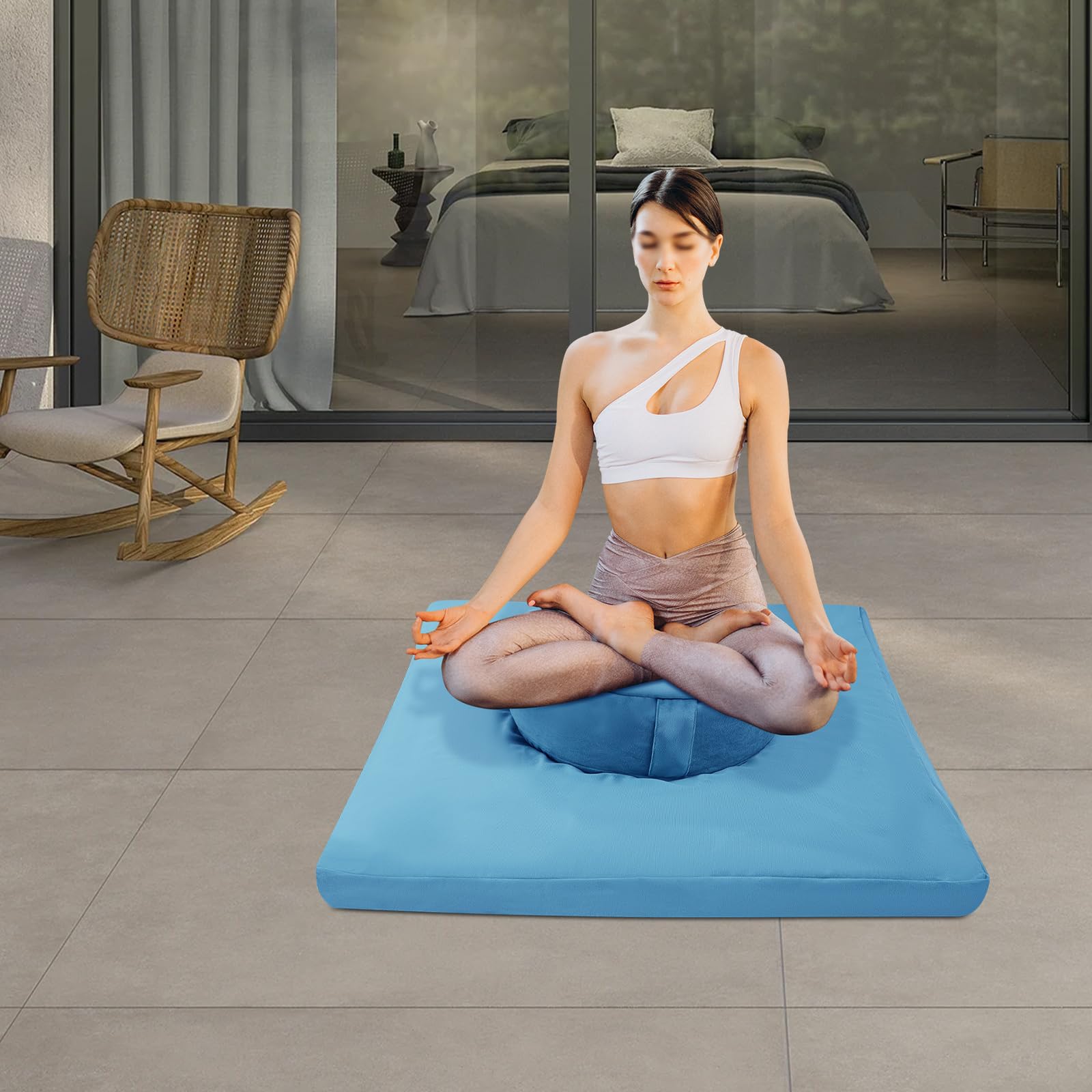 Set di cuscini da meditazione, rotondi e quadrati, con rivestimento in cotone e velluto, per meditazione, yoga, per interni ed esterni (40 cm e 80 x 80 cm) (blu)