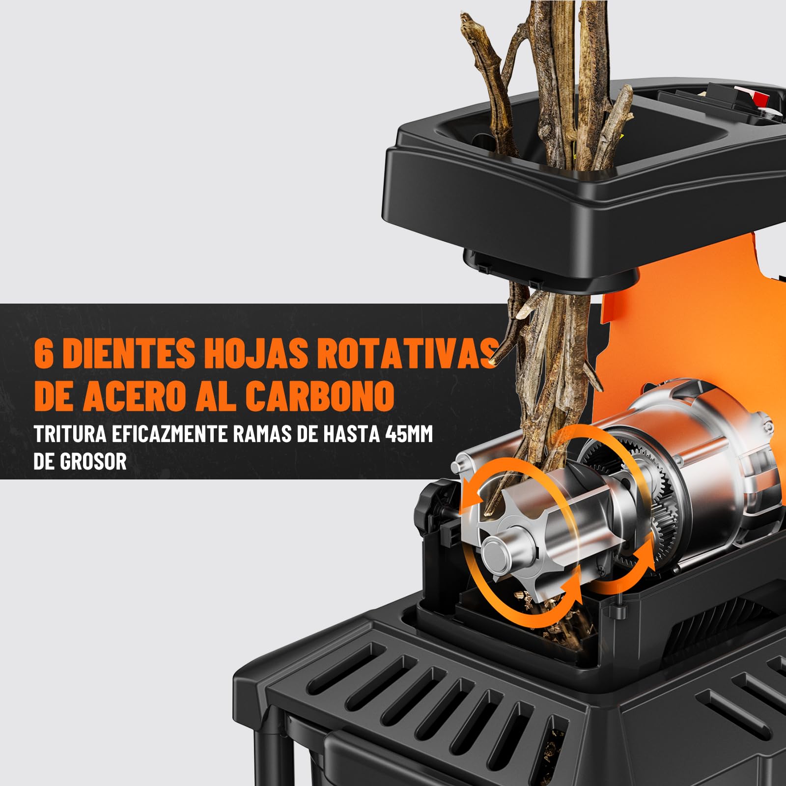 DOVAMAN GT10 APEX Trituradora de Ramas, 2800W con Motor Brushless, Silenciosa, Hasta 45mm, Contenedor de 60L, Rodillo de 6 Dientes Ajustable, Protección contra Sobrecarga