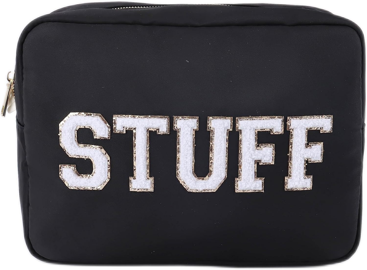 SkyTen Chenille Letter Make Up Bag Nylon Cosmetic Case Stuff Glam Stoney Clover Dupe Travel Organizer (Black, XL)