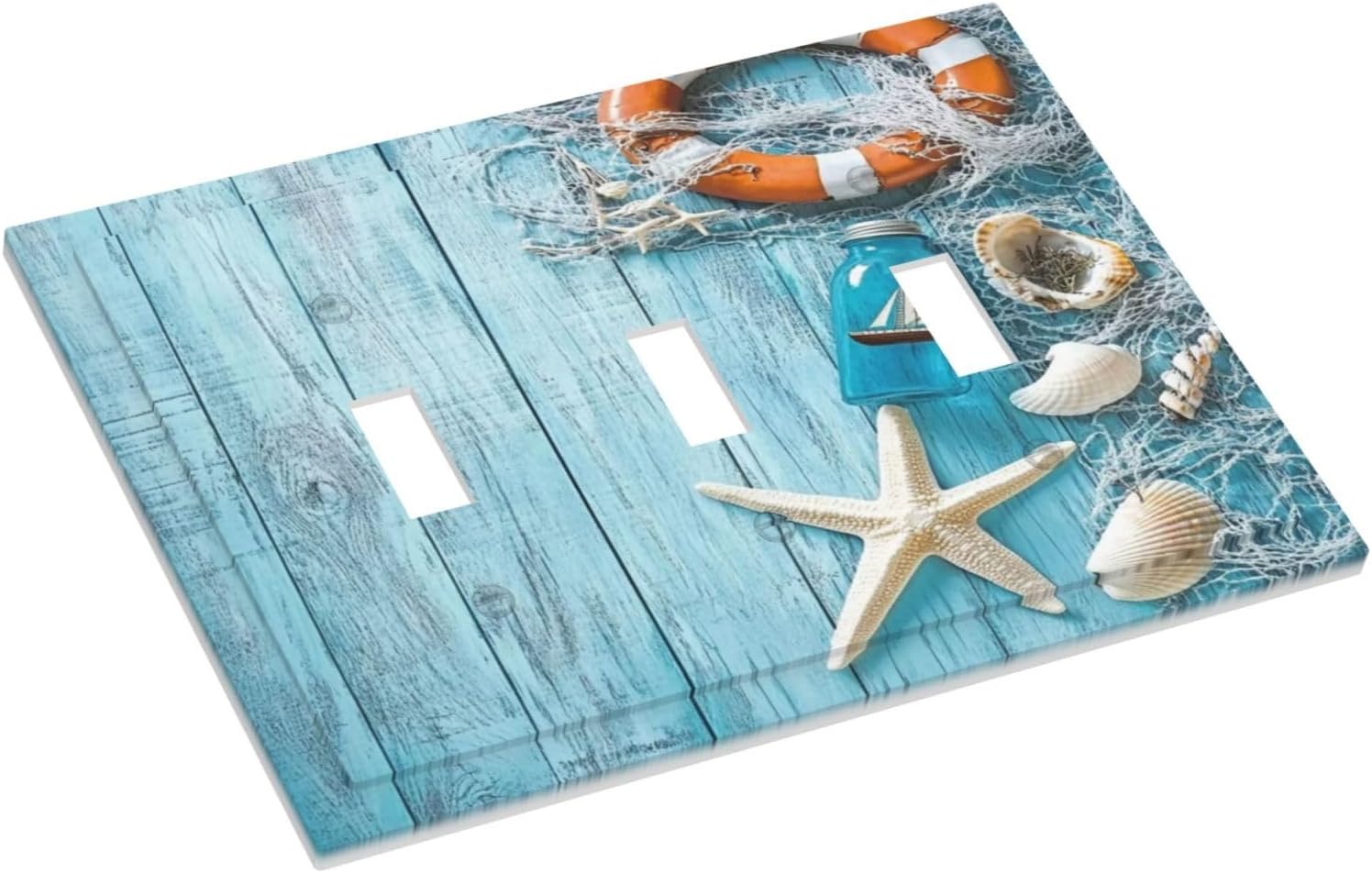 Decorative Switch Plate Cover Blue Wooden Board with Starfish Fishing Net Lifebuoy Seashell 3 Gang Artistic Wall Plate Unique Triple Toggle Light Switch Covers for Beach House Decor image 3