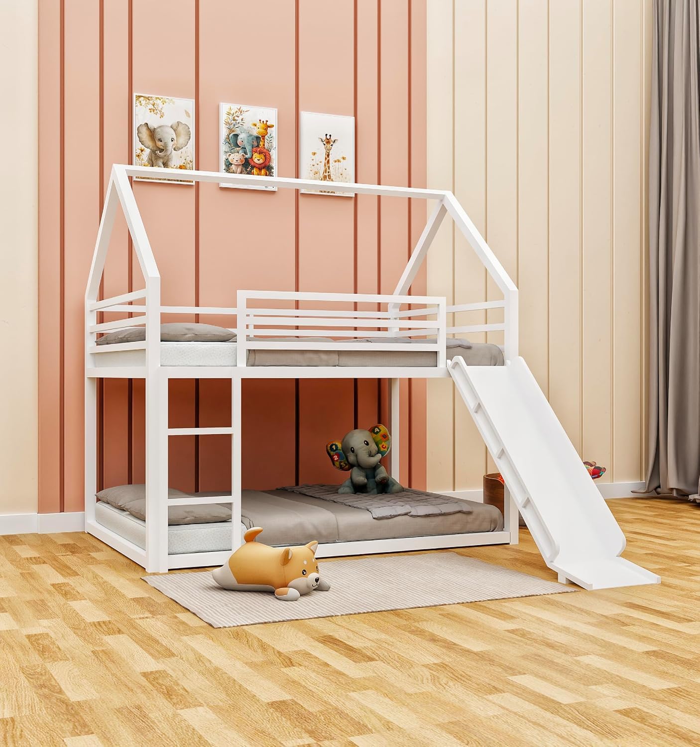 Bunk Bed for Kids with Slide & Ladder – House Shaped Twin Over Twin Bed Frame for Boys & Girls | Metal Low Loft Bunk for Toddlers & Children | Modern White Playhouse Bed for Kids Room-image-17