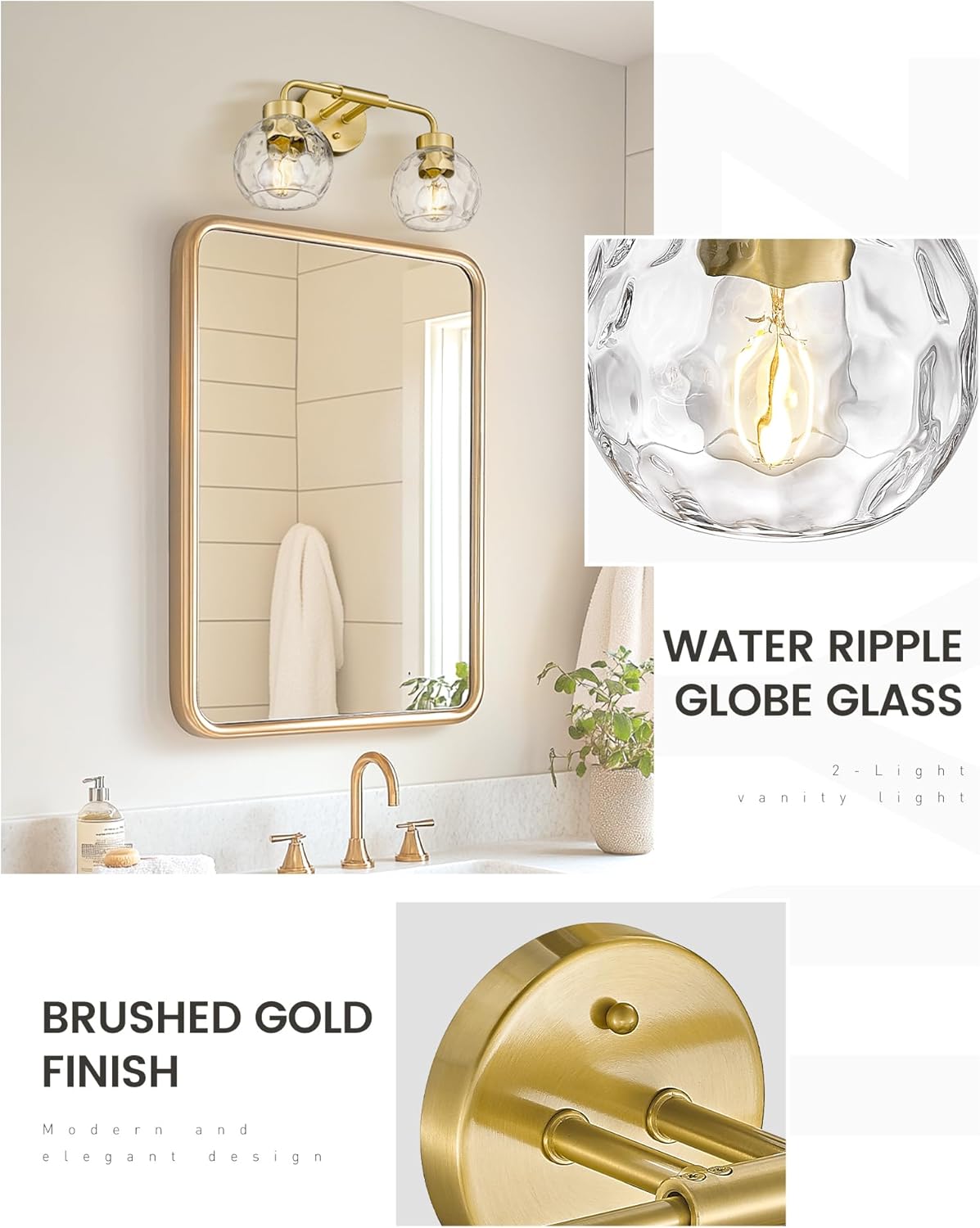 zeyu Globe Bathroom Vanity Light, 2-Light Vanity Light, Bathroom Lights Over Mirror with Water Ripple Globe Glass, Brushed Gold Finish, ZS62BG-2W BG-WG