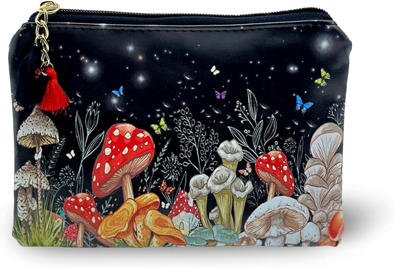 Necessaire pequena XDMXY com estampa de cogumelos, zíper e pingente, 20,07 x 13,97 x 0,51 cm
