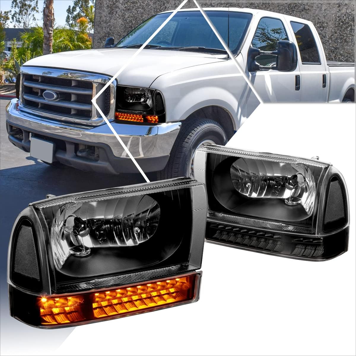 PM PERFORMOTOR Headlights Assembly Compatible with 99-04 Ford F250 F350 with LED Signal Headlamps Black Housing Clear Lens
