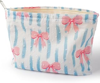 Large Makeup Bag for Purse, Blue Stripe Pink Bow Cosmetic Bag for Women Girls, Cute Pink Bowknot Canvas Travel Toiletry Bag Organizer, Aesthetic Coquette Makeup Pouch Cosmetic Pouch with Zipper