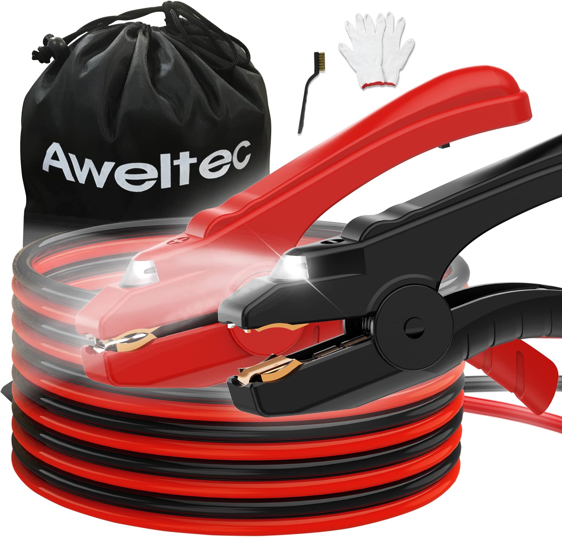 AWELTECJumper Cables with LED Light - 6 Gauge 16 Feet Battery Heavy Duty Booster Cables (6AWG x 16Ft) with Carrying Bag, Safety Gloves and Iron Brush