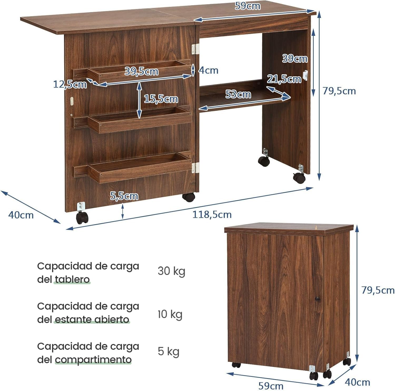 RELAX4LIFE Mesa de Costura Plegable con 5 Ruedas, 4 Estantes de Almacenamiento y Frenos, Mesa para Máquina de Coser de MDF, Mesa Multifuncional para Salón, Dormitorio, 118,5x40x79,5cm (Marrón)