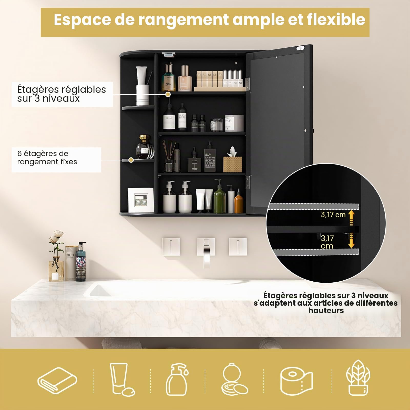 GIANTEX Armoire Murale Salle de Bain avec Miroir, Meuble WC Suspendu avec Portes-Miroir et Étages Réglables, Étagère de Rangement en 6 Niveaux,17 x 65 x 64 cm, Noir