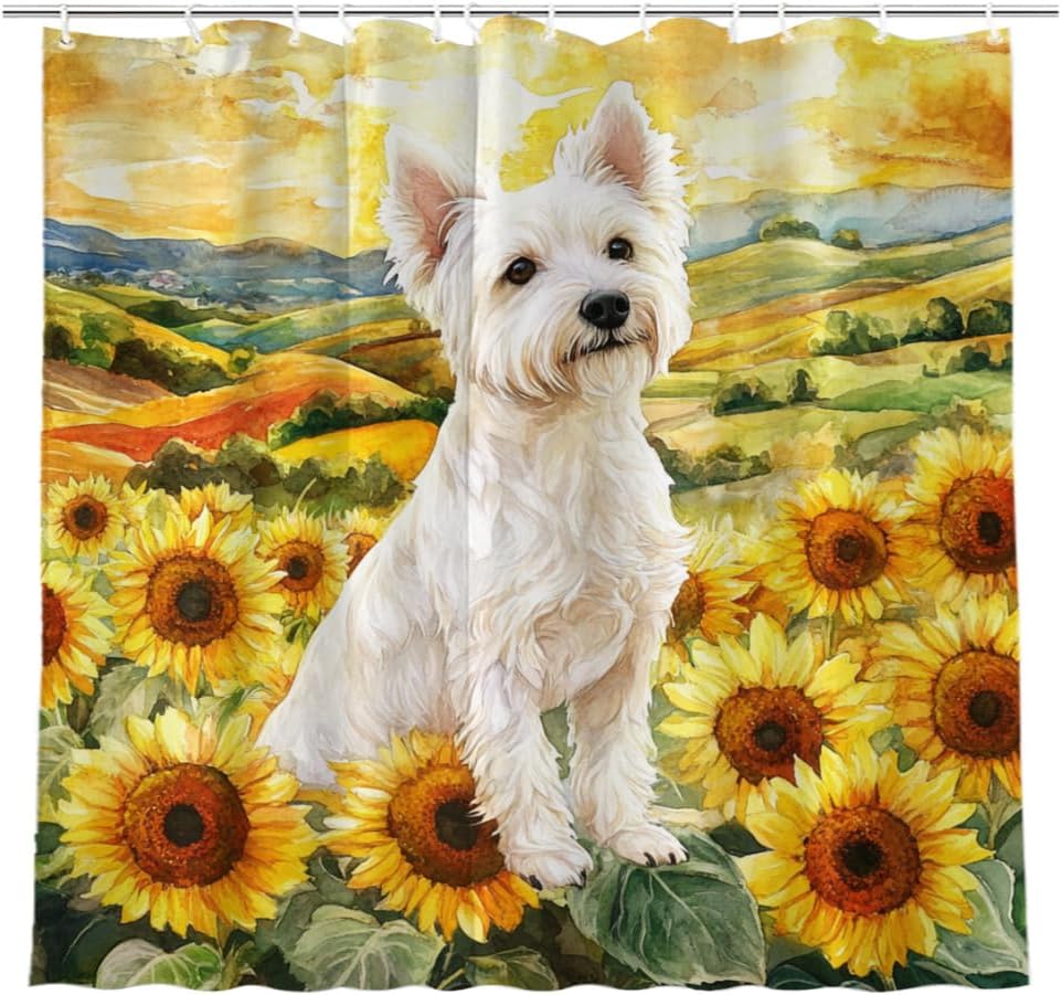 Sunflower Shower Curtain Maltese Shower Curtain Flowers Floral Farmhouse Country Vintage Decor Fabric Polyester 72Wx72H Inch 12 Pack