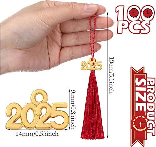 Miniatura 9 de 100 piezas de borlas sedosas con 100 piezas de dijes de metal 2023 para graduación, llavero, aretes, fabricación de joyas, adornos de gorra de