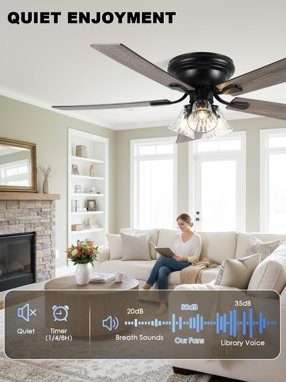 Bella Depot 52" Ceiling Fan with Light, Flush Mount Ceiling Fan with Remote, Vintage Rustic Low Profile Chandelier Fan with Silent Motor for Dining Living Room Bedroom, (Bulbs not Included)