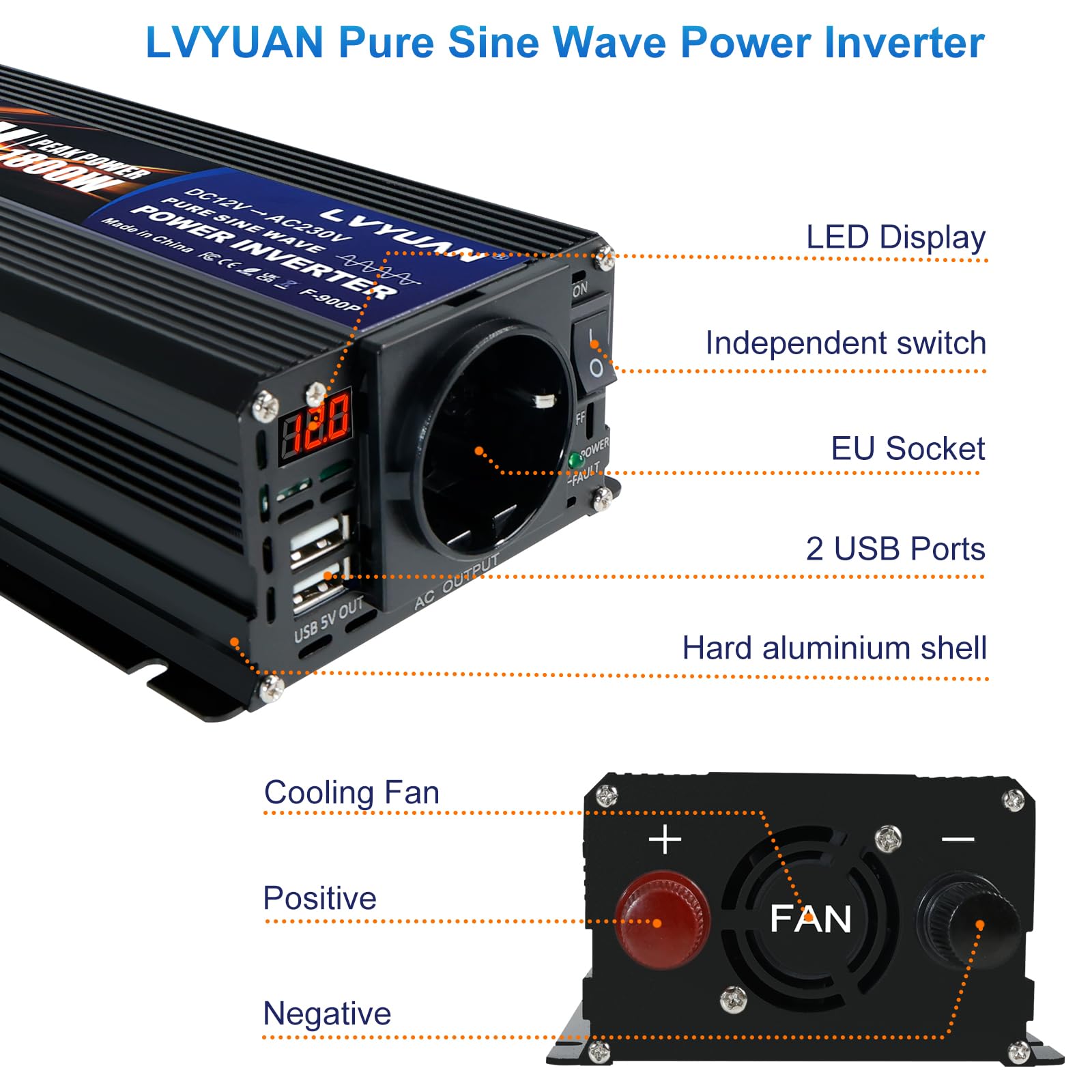 LVYUAN Convertisseur 12V 220V 900W/ 1800W Pur Sinus Onduleur à Onde Sinusoïdale Pure avec 1 Prise UE et 2 Ports USB, convertisseur de Courant pour Voiture, Caravane, Bateau, Camping