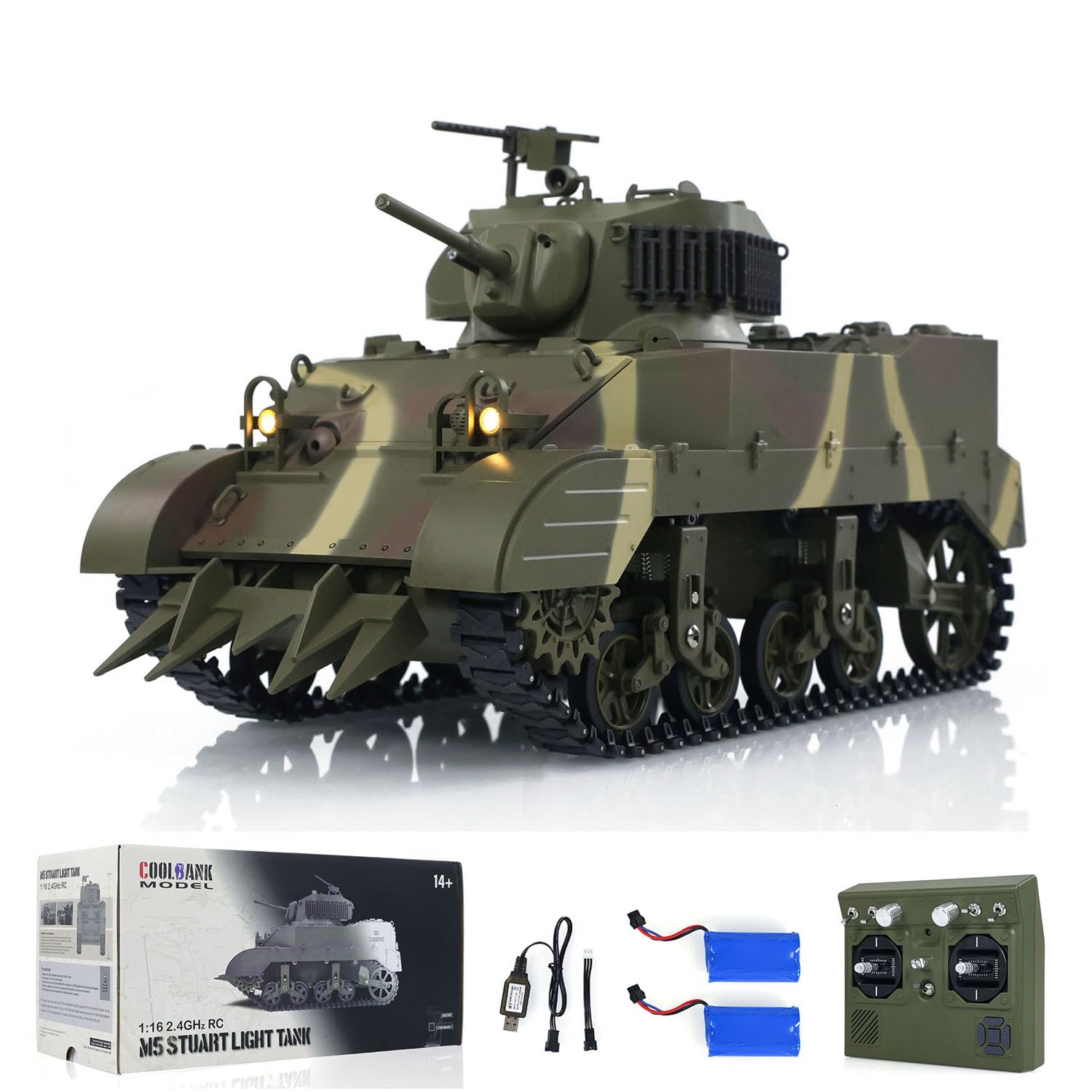 wheelfun Henglong 1/16 RTR 2.4Ghz RC Tank US M5A1 Stuart VI Remote Control Light Tank Turret rotates 360 Degrees LED Lights Smoking Function Hobby Grade Model Two-Tone Camouflage Paint