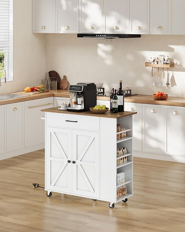 CHOEZON Kitchen Island Cart with Storage, Bar Cart with Charging Station, Kitchen Island on Wheels, Rolling Mobile Table with Cabinet, 3 AC Outlets, White and Walnut MZD04UWL by CHOEZON - Used condition - Image 2