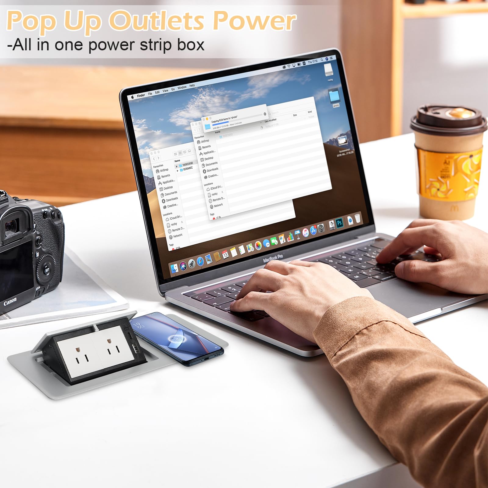 Regleta de alimentación plegable para encimera automática con cargador inalámbrico de 15 W + USB A + USB C + 2 cables de CA de 5.9 pies para conferencias, computadora, oficina, cocina (plateado)