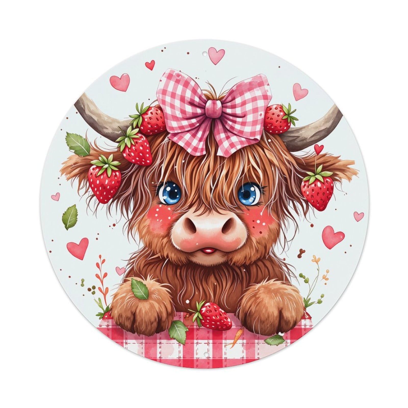 Cute Cow Strawberry Hearts Bow Round Tin Sign Vintage Metal Poster, Home Bar Garage Man Cave Cafe Indoor & Outdoor Wall Decoration 8x8Inches