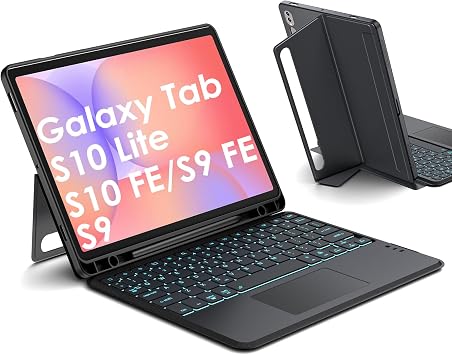JUQITECH Detachable Magnetic Keyboard Case for Samsung Galaxy Tab S10 Lite/S10 FE/S9 FE 10.9"/S9 11", Soft TPU Cover with Kickstand Vertical/Horizontal, Backlit Bluetooth Touchpad Keyboard, S Pen Slot