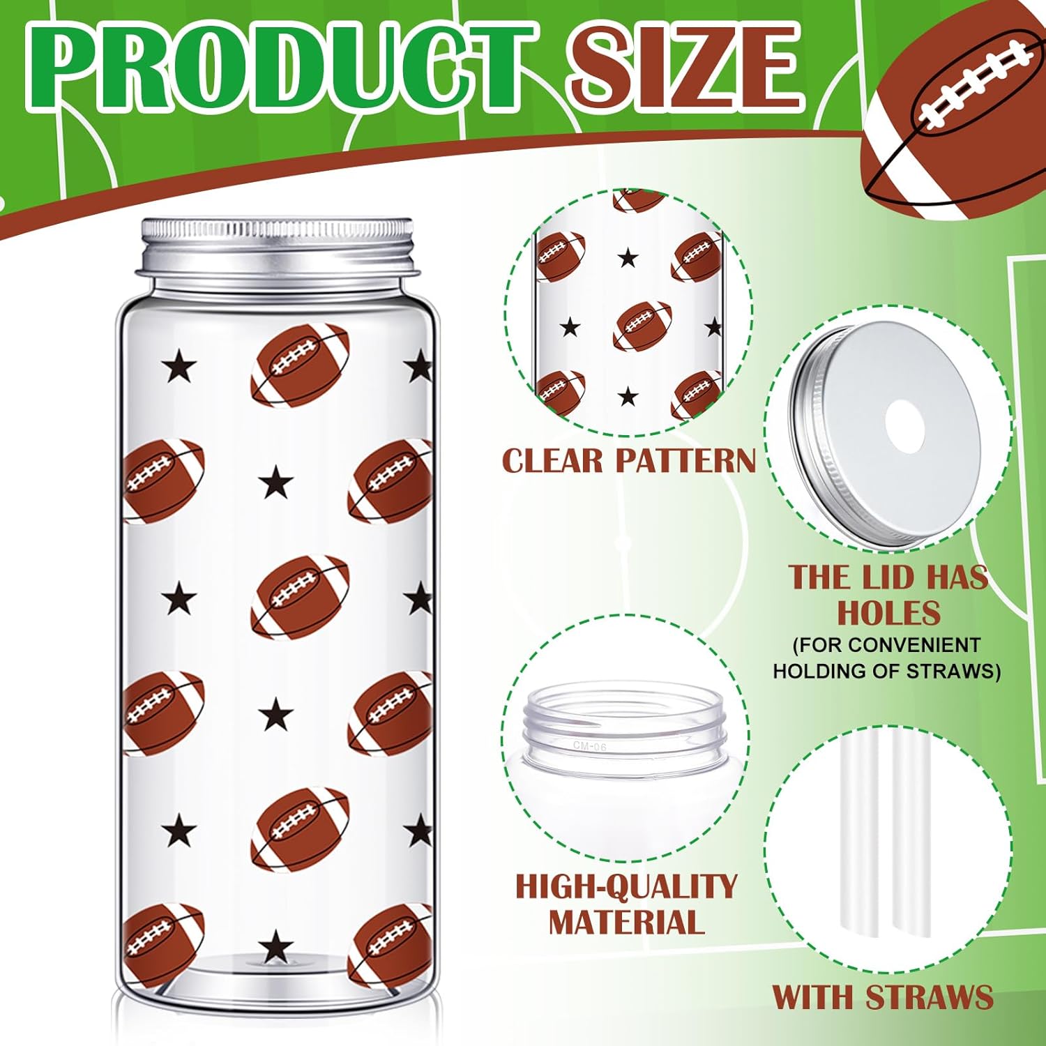 Honeydak 24 Pcs 14.2 oz Football Plastic Cups with Lids and Straws Reusable Football Cups Bulk Clear Drink Cup for Birthday Sports Themed Party Supplies - Image 5