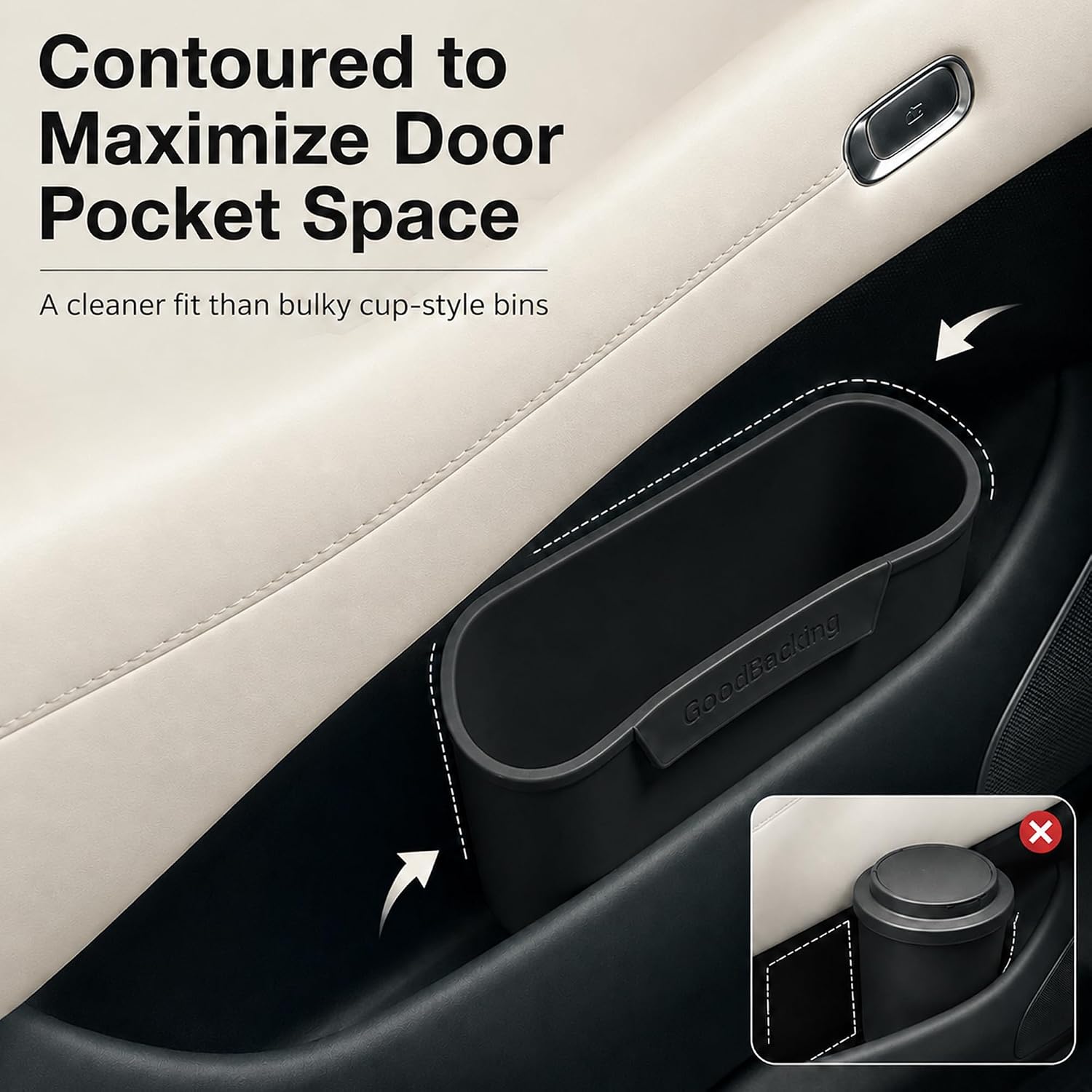 Car Door Trash Can 2 Pack, Black Silicone Garbage Bin for Driver Passenger Door Pocket, Waterproof Auto Waste Container for Cars SUVs Trucks Minivans