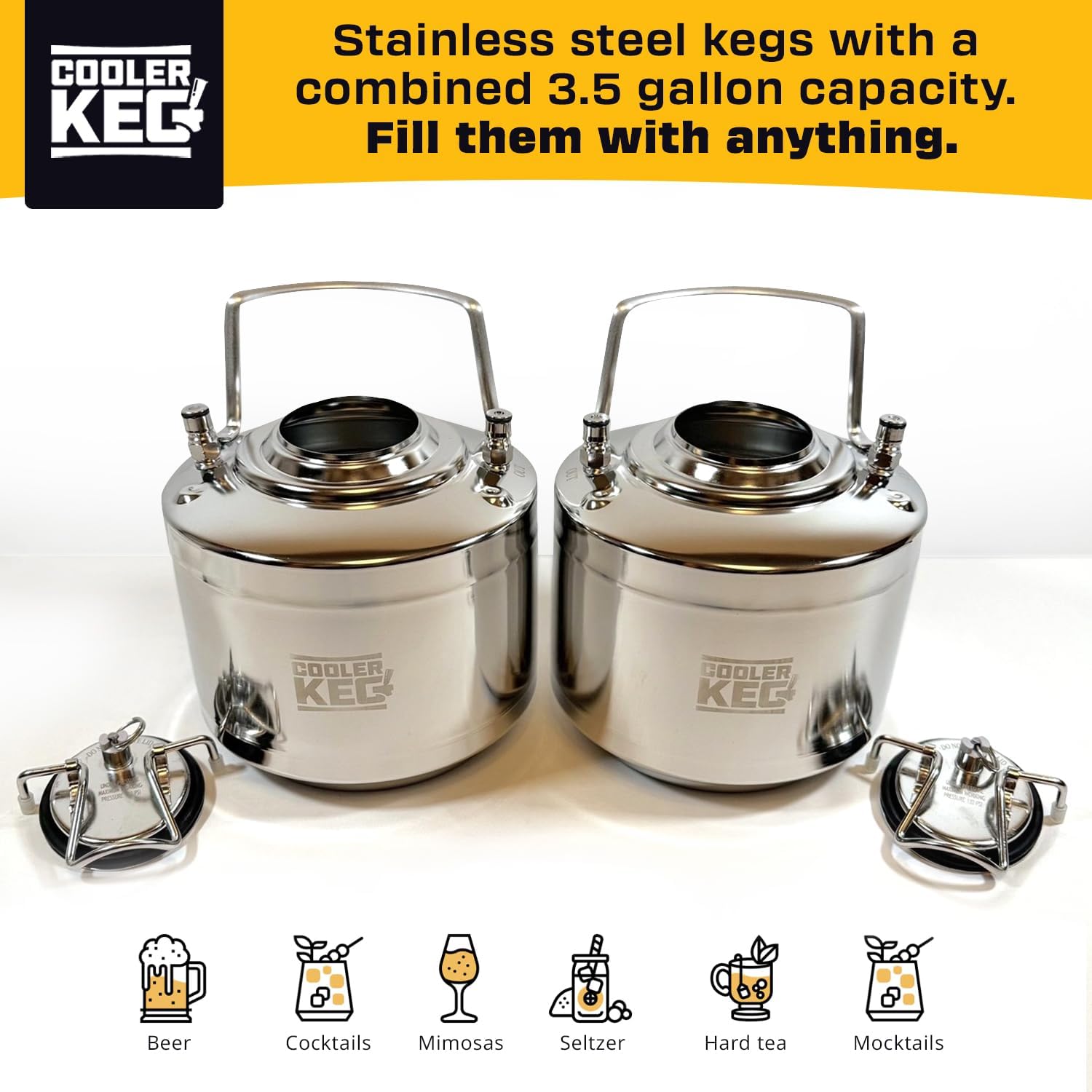 Refillable Keg Set - 3.5 gallon combined capacity, Stainless Steel Kegs for Beer, Cocktails, Mixed Drinks, Cider, Seltzer, Ball Lock, Quick Disconnects 1.75 gal or 6.5 liters or 228 oz each