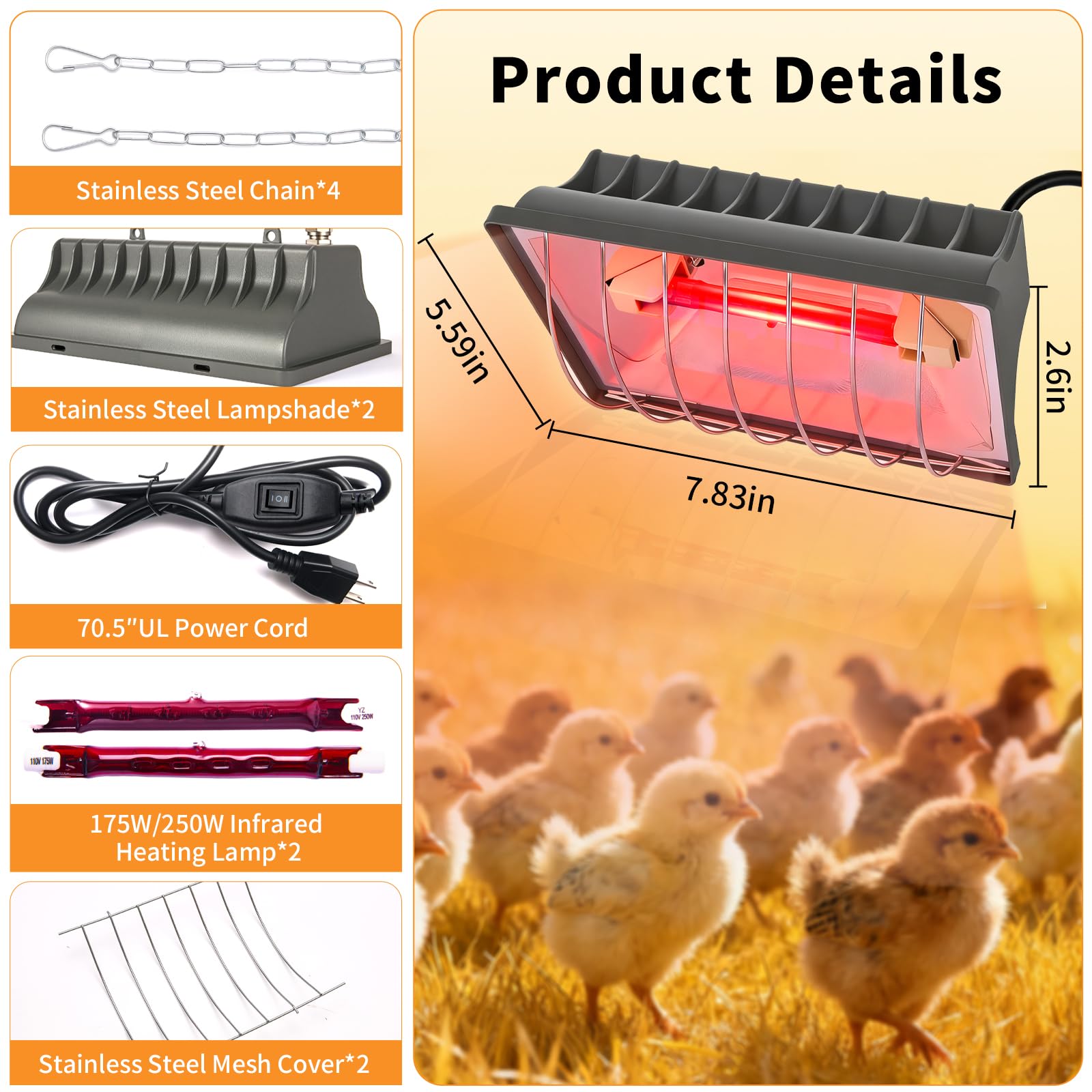 Paquete de 2 lámparas de calor de gallinero de 250 W con protector, calentador de temperatura ajustable, lámpara de calefacción infrarroja de 175 W/250 W para pollitos, patitos, aves de
