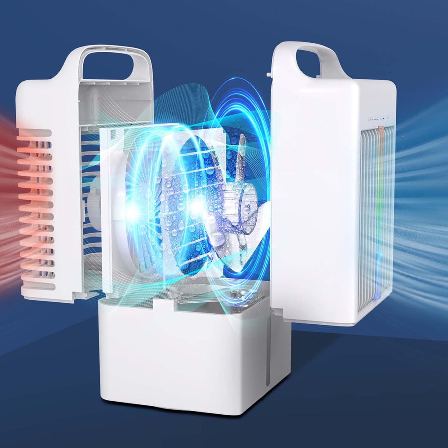 Portable Evaporative Air Cooler, 4-in-1 USB Mini AC Fan with 900ml Tank, 3 Speeds, 2/4H Timer, 7-Color LED Night Light, Quiet Humidifier for Bedroom, Office, Camping, Indoor/Outdoor, White