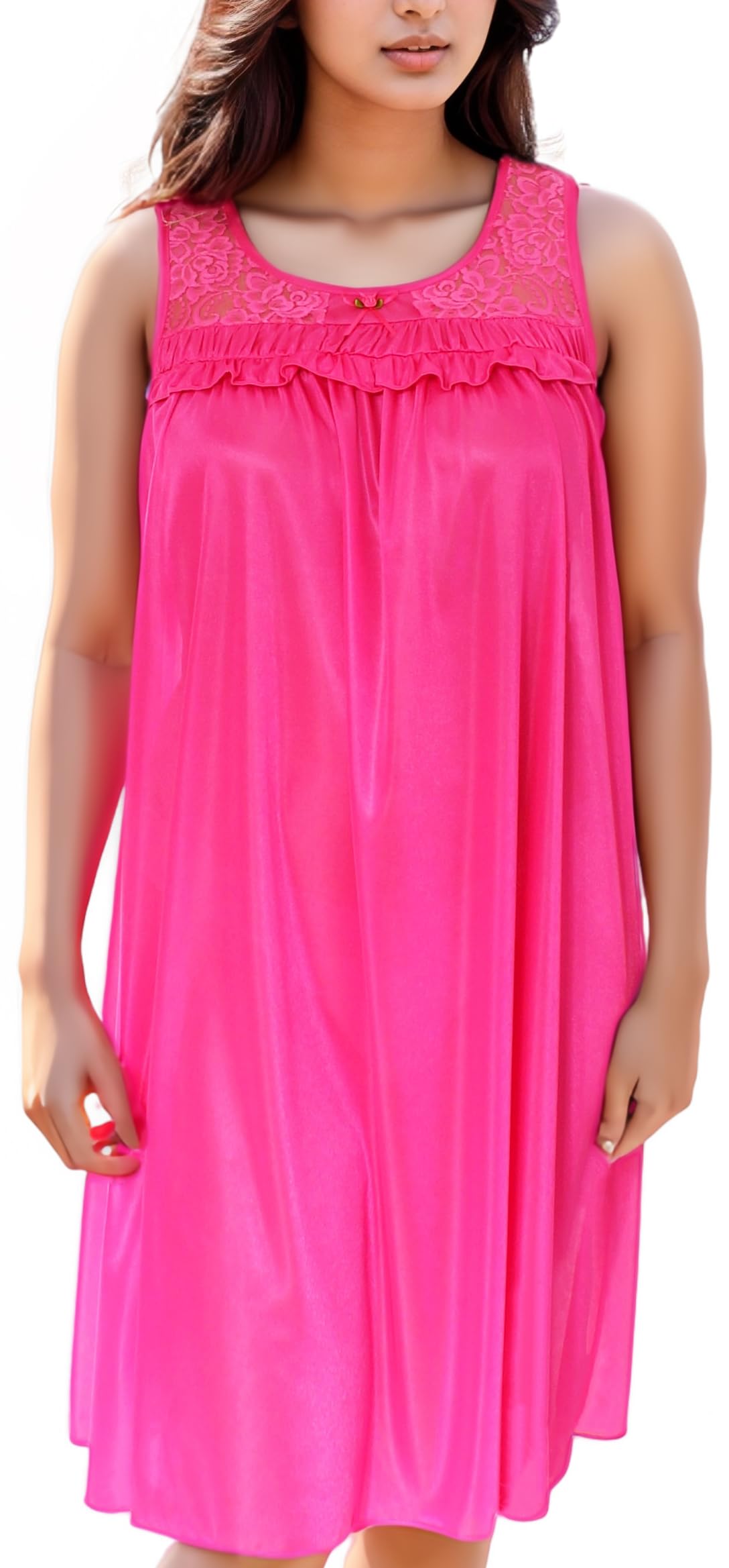 BellaMarte Women's Silky Feeling Sleeveless Tricot Nightgown with Floral Lace Design