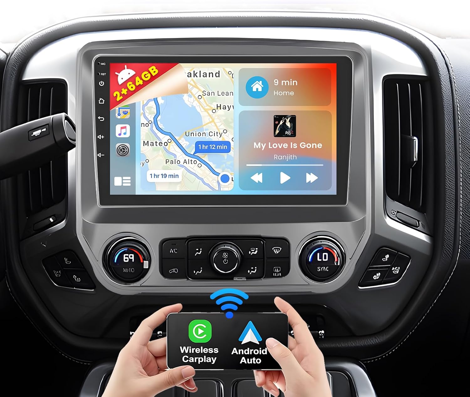 Inefala Android Car Stereo installed in a car dashboard, showing GPS navigation and music playback.
