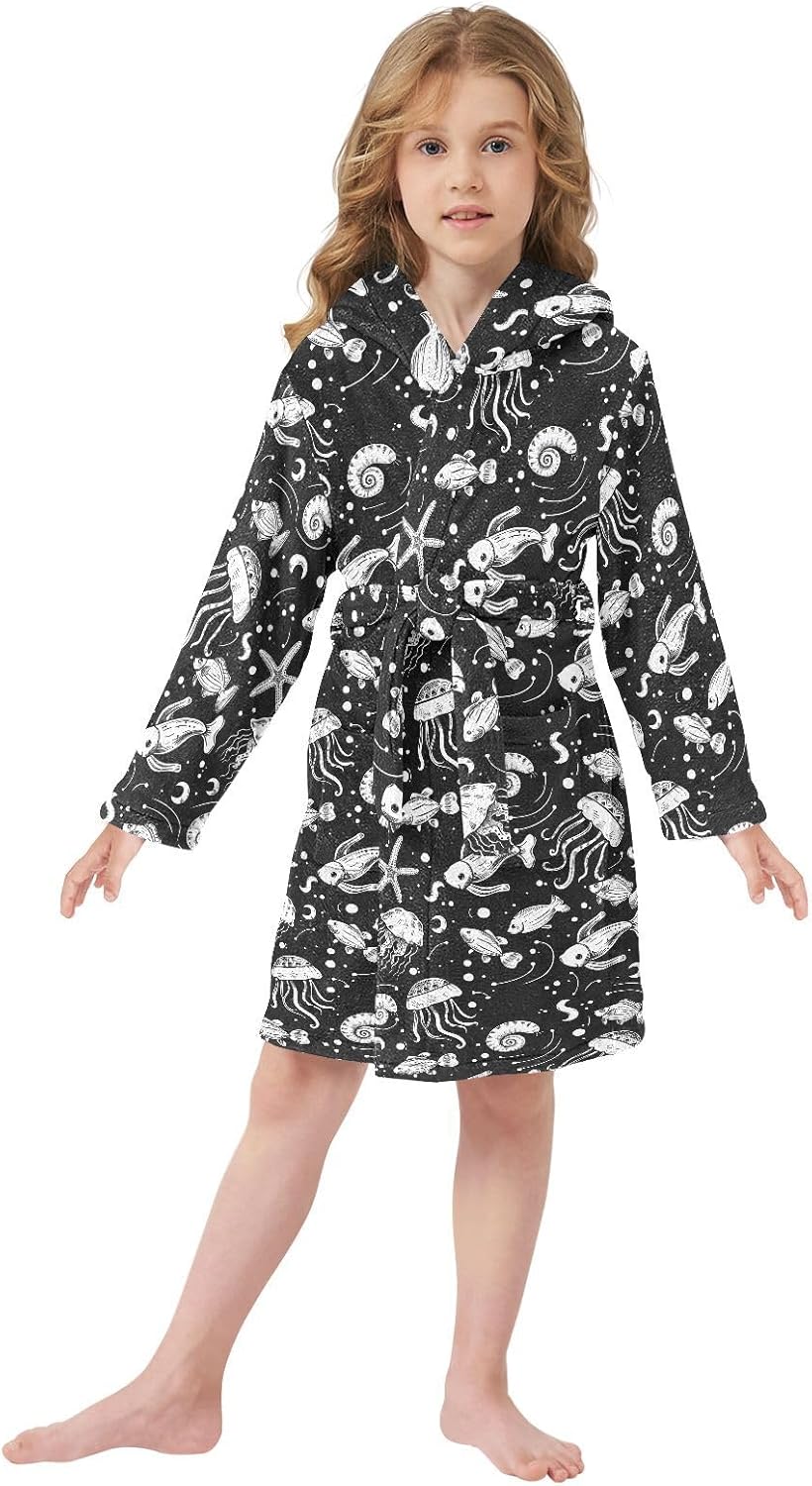 senya Black Jellyfish Toddler Hooded Bathrobe Kids Soft Plush Bath Towel Robes for Boys Girls 2-12 Years