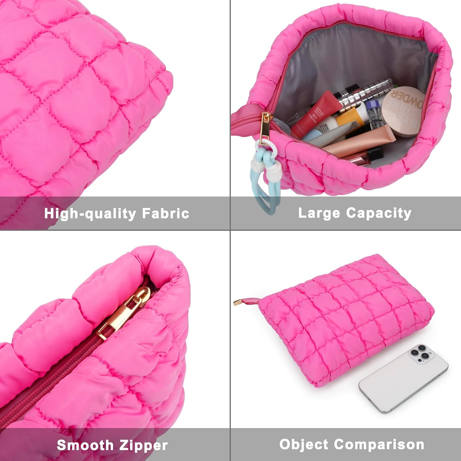 DOB SECHS Puffer Quilted Makeup Bag with Handle, Cute Puffy Cotton Cosmetic Bags for Women, Checkered Toiletry Zipper Pouch, Travel Essentials Storage Organizer Clutch Pouches Pencil Case, Hot Pink - Image 5