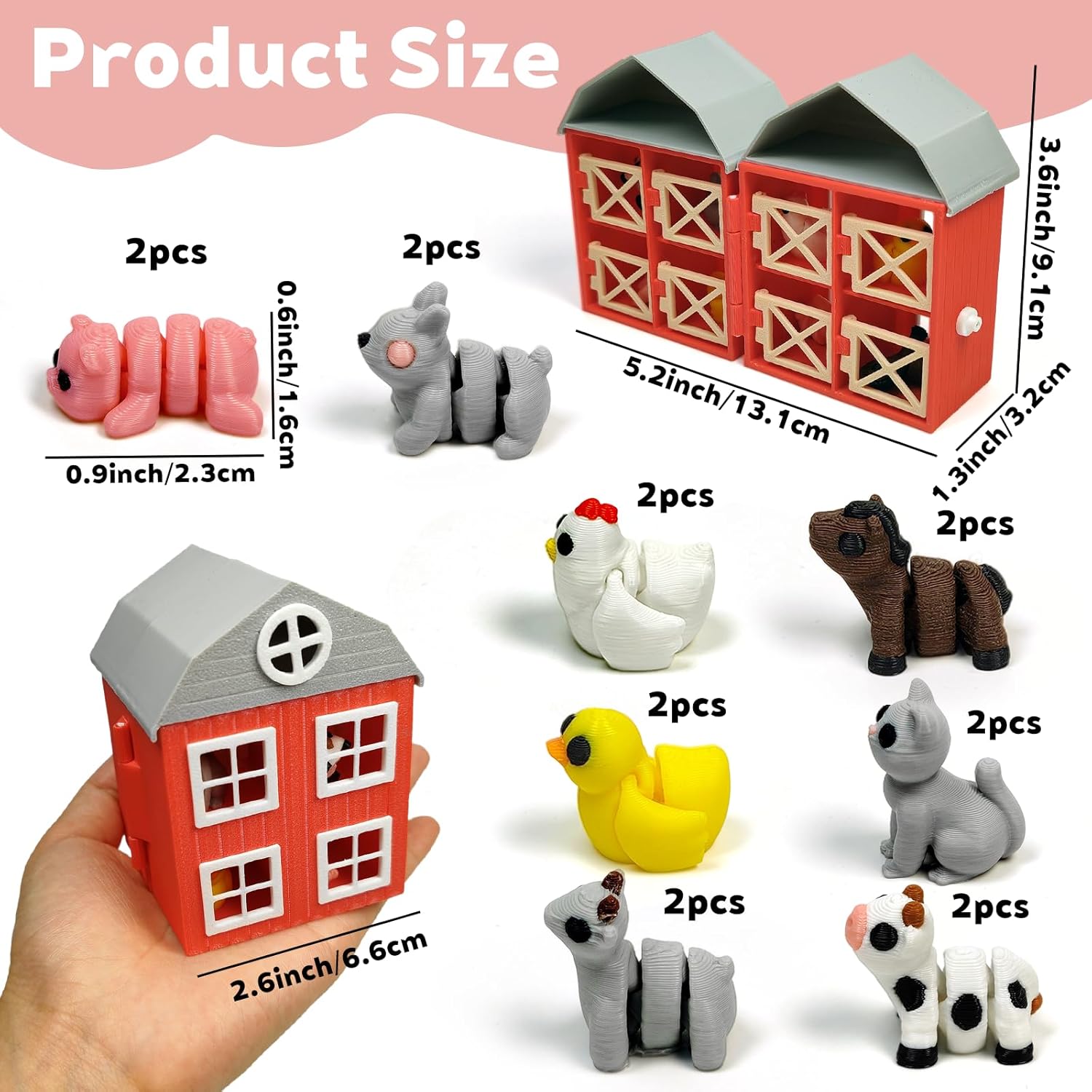 17 Pcs Mini 3D Printed Animal Figurines Set with Red Barn, Flexible Articulated Fidget Toys, Pocket Fidget Toys Bulk, Cute Desk Decor, Party Favors, Classroom Rewards, New Year, Birthday Gifts