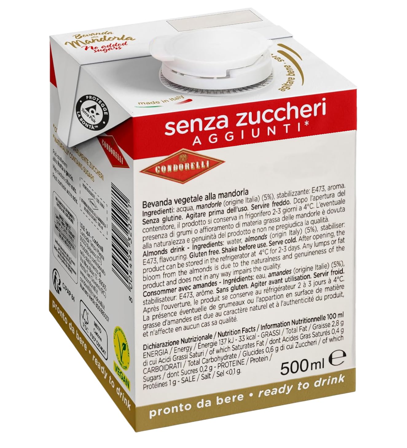 Bevanda alla Mandorla con Mandorle Italiane condorelli, Senza Zuccheri Aggiunti, 500ml (NOVITA') [CAlYA® BOX da 12 Confezioni]
