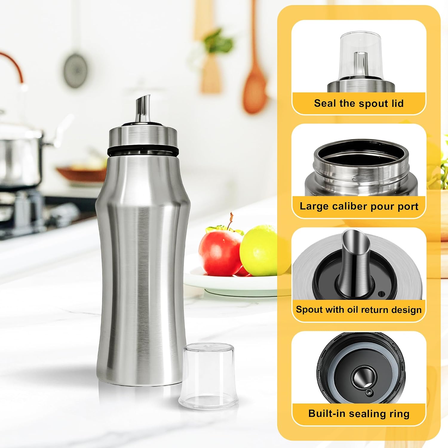 304 Stainless Steel Oil Dispenser Bottle, Eagle Beak Spout Design for Olive Oil, Soy Sauce, Vinegar, Cooking Wine, 500ml, Silver