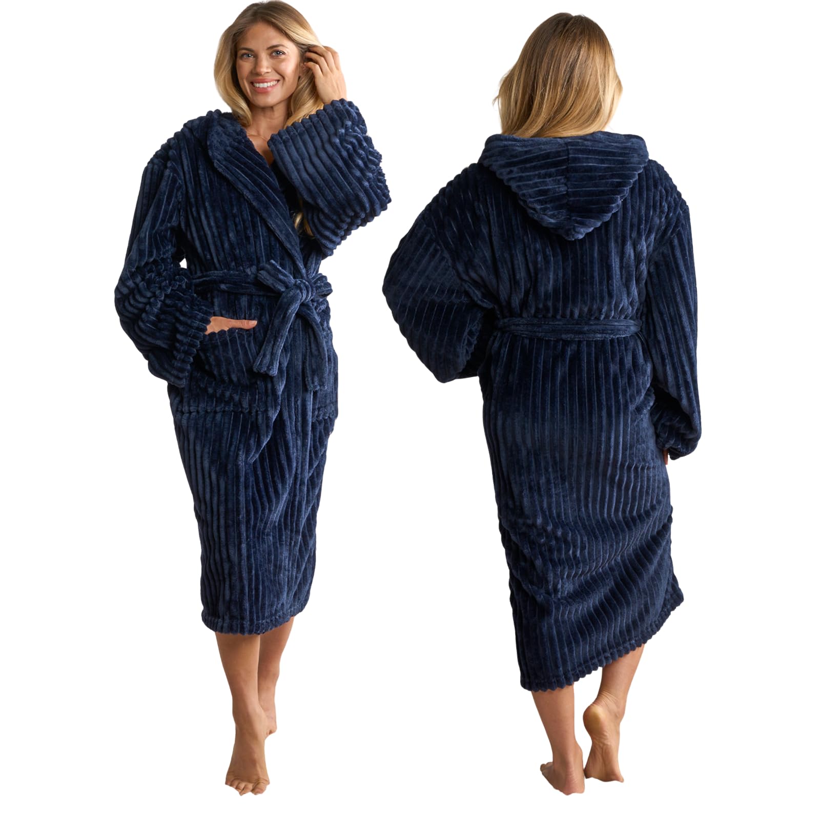 OHS Ribbed Fleece Dressing Gown Womens, Mothers Day Gifts Bathrobe with Hood & Pockets Soft Warm Comfy Luxury Oversized Fluffy Ladies Dressing Gowns, Navy One Size