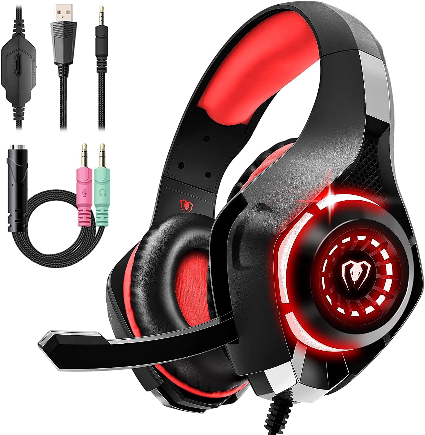 Tatybo Gaming Headset for PS4 PS5 Xbox One Switch PC with Noise Canceling Mic, Deep Bass Stereo Sound (Black Red)-1