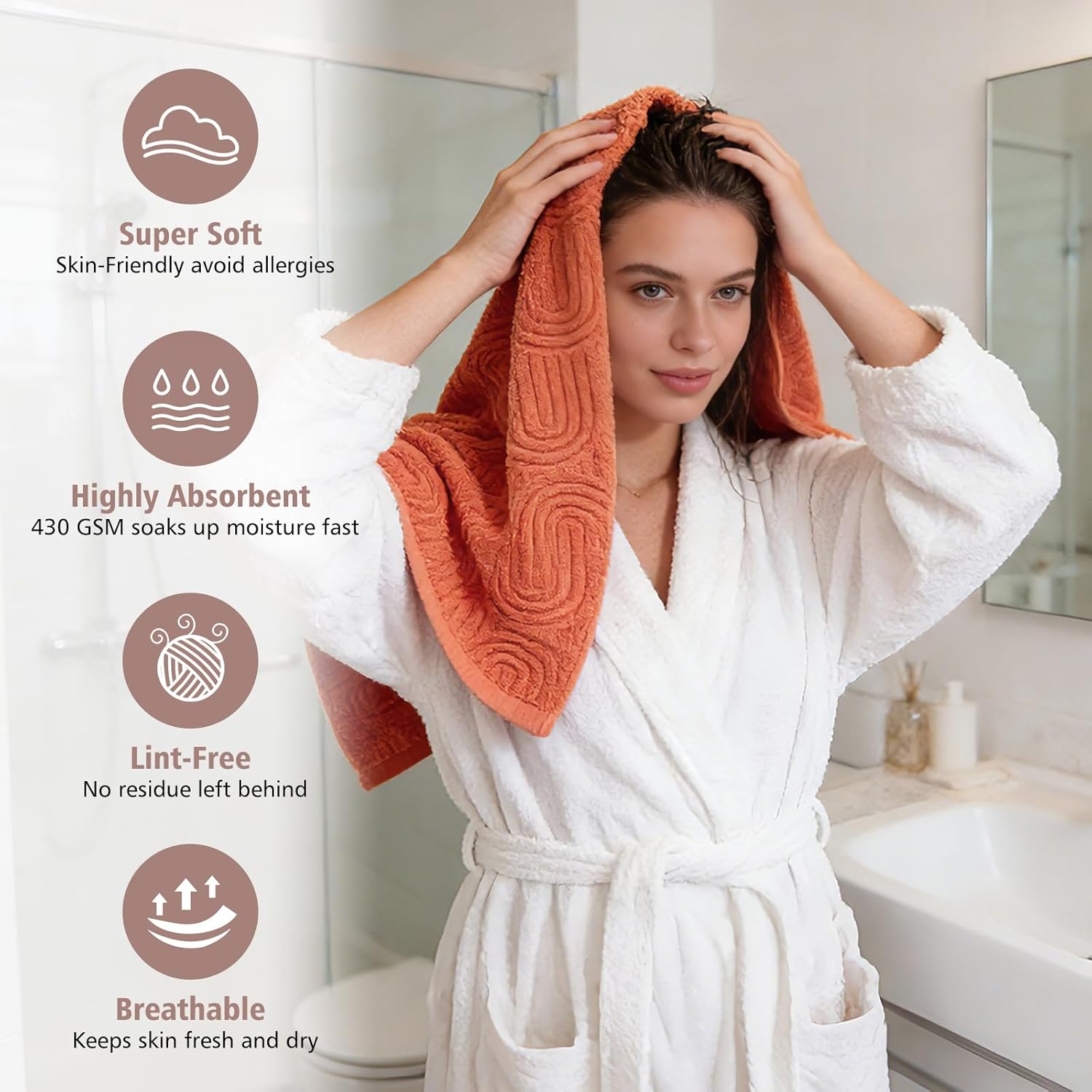HEAVYWOOD Bath Towels Wave Pattern Jacquard 2pc 100% Cotton Reversible, Soft & Absorbent Decorative Bath Towel for Bathroom Clearance (Orange, 2Packs)