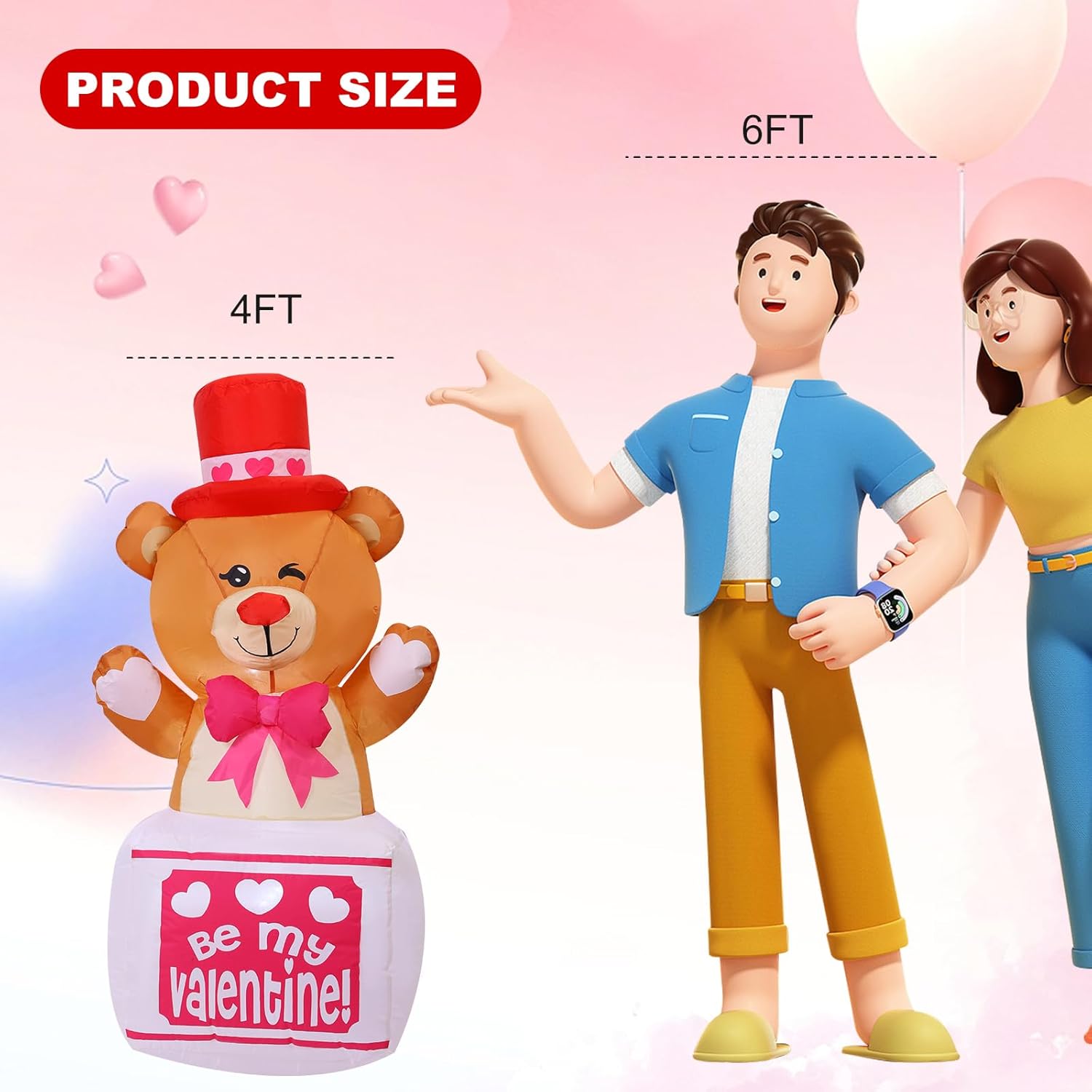 HZGDEJTG 4ft Standing Bear on Gift Box Valentine's Day Outdoor Inflatable Decoration with Built-in LED Lights for Holiday Parties, Lawn, Yard Outdoor Decoration