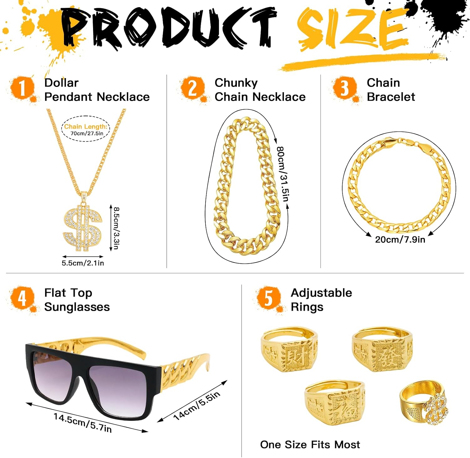 80s 90s Hip Hop Costume Accessories Set for Men, Gold Chain with Dollar Pendant, Bracelet, Rings and Flat Top Sunglasses, Retro Rapper Outfit for Party Halloween