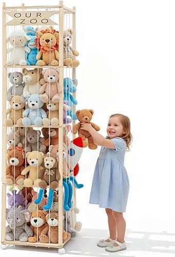 OurWarm Almacenamiento y organizador de animales de peluche, 68.5 pulgadas, soporte grande de madera para animales de peluche con ruedas,